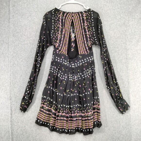 free people Coryn Open Back Dress Womens Sz 2 Black Multi Dot Long Sleeve Cutout - Picture 9 of 12